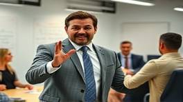 energetic JimBroad marketing, enthusiastic expression, pitching an idea, photorealistic, dynamic meeting room with writable walls, highly detailed, energetic gesture interactions, vivid clarity, bright colors, well-lit environment, shot with a multi-focal lens.