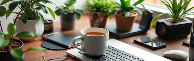 engaging blogging content, thoughtful, composing and editing articles, photorealistic, stylish co-working space with greenery and tech gadgets around, highly detailed, steaming mug of tea beside the keyboard, ultra-high-definition, natural colors, diffused lighting, shot with a 24-70mm lens.